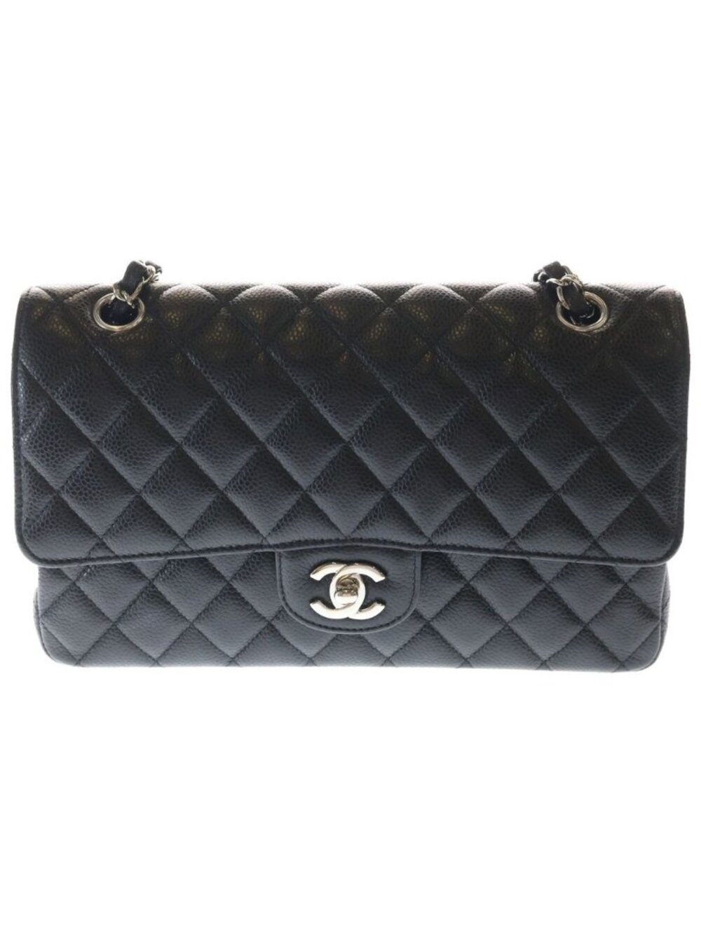 Chanel Quilted 25 Double Flap Chain Shoulder Bag Caviar Leather Silver Stand
